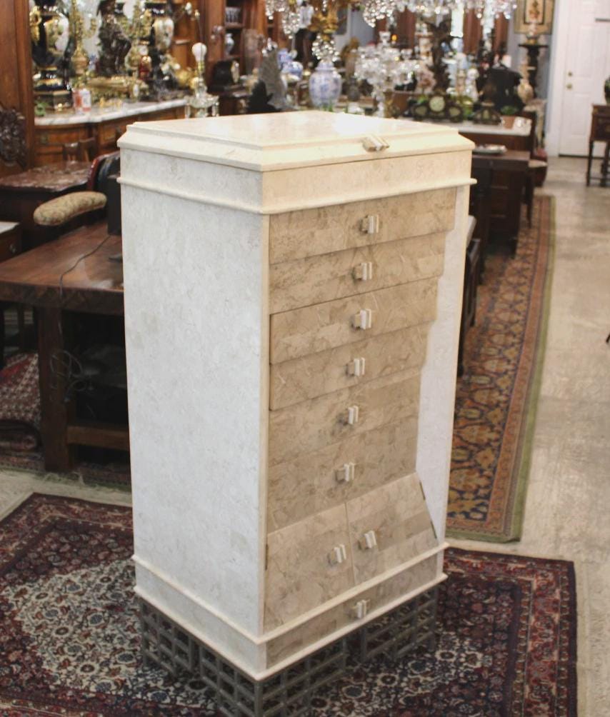 Large Marble Covered Jewelry Chest of Drawers, Luxury Vanity Storage Cabinet