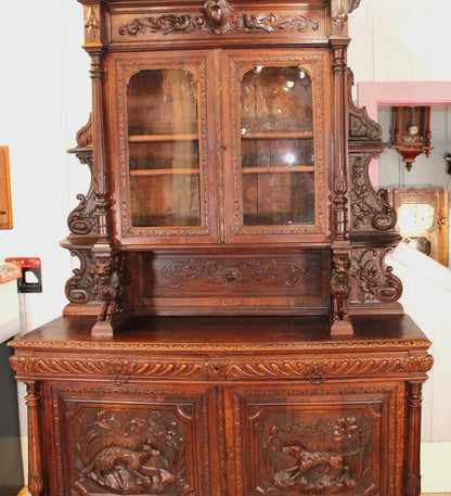 French Louis XIII Hunt Scene Oak Buffet Hutch, Antique Carved Sideboard Cabinet