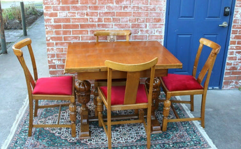 English Antique Oak Art Deco Draw Leaf Table And 4 Chairs | Dining Sets