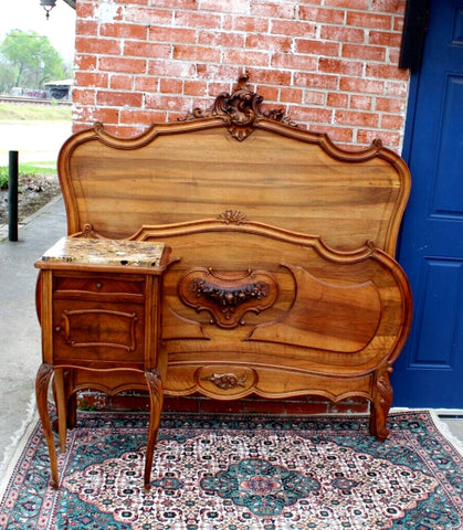 French Antique Carved Solid Walnut Louis XV Full Size Bed and Nightstand