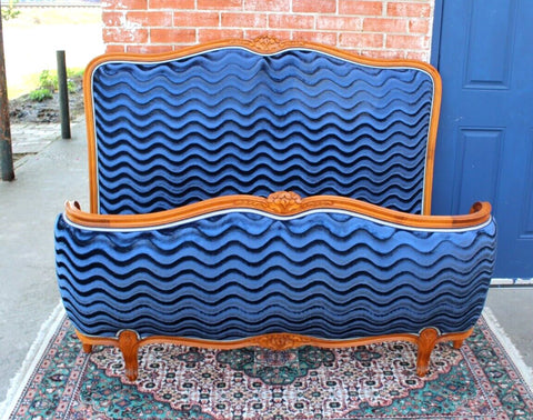 Antique Upholstered Louis XV Full Size French Bed ~ Blue ~ New Upholstery