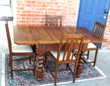 English Antique Tiger Oak Jacobean Barley Twist Draw Leaf Table And 4 Chairs