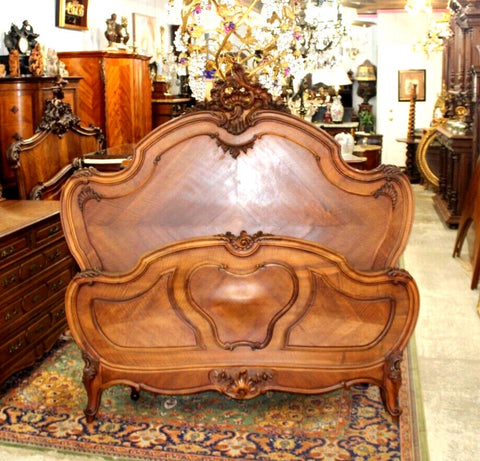 French Antique Carved Walnut Louis XV Queen Size Bed